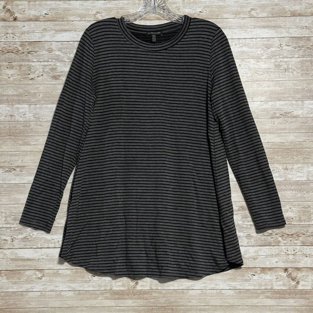 Eileen Fisher Long Sleeve Tencel Tunic Black Gray Striped Sz SP QuietLuxury